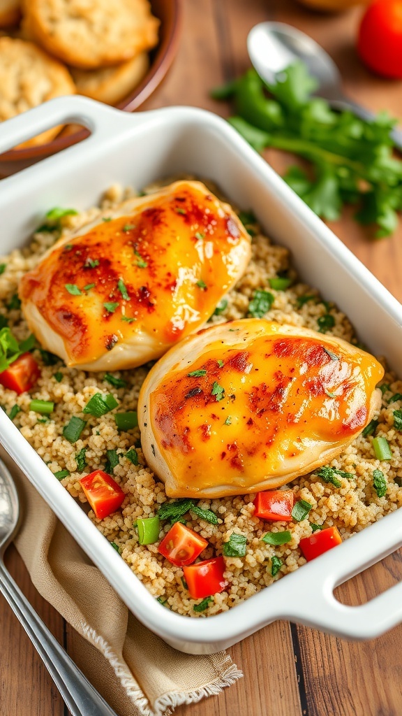 Baked chicken thighs on quinoa with tomatoes and greens in a rustic kitchen setting.